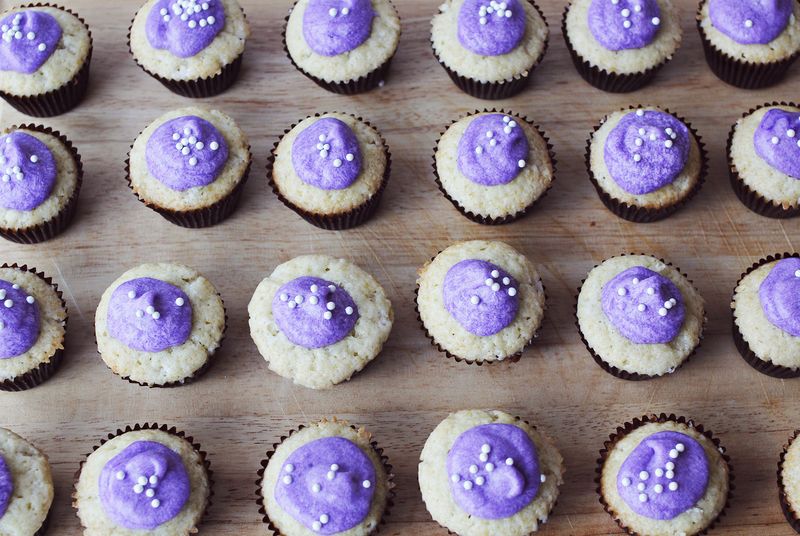 Vanilla cupcakes with lavender frosting