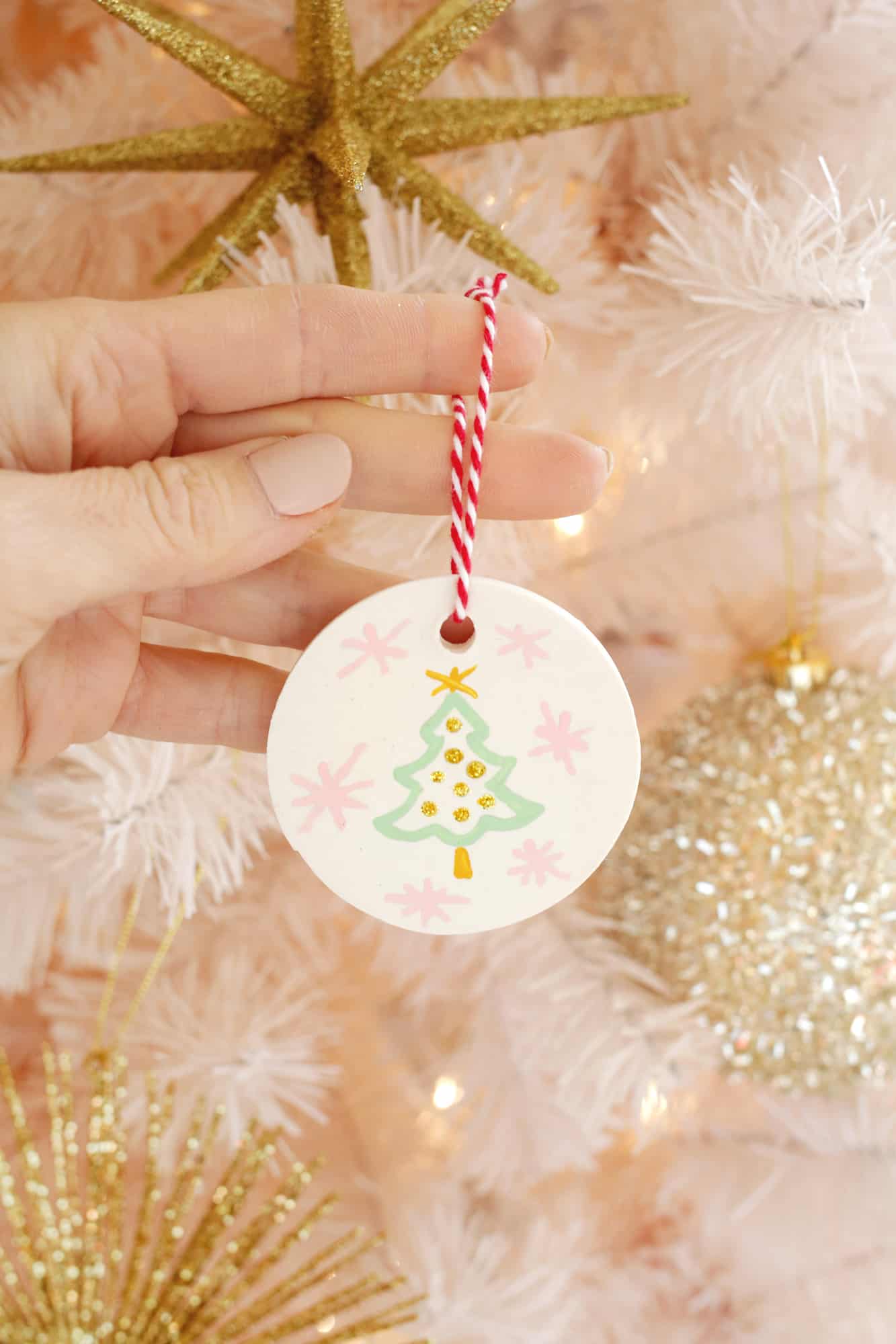 painted round clay ornament on tree