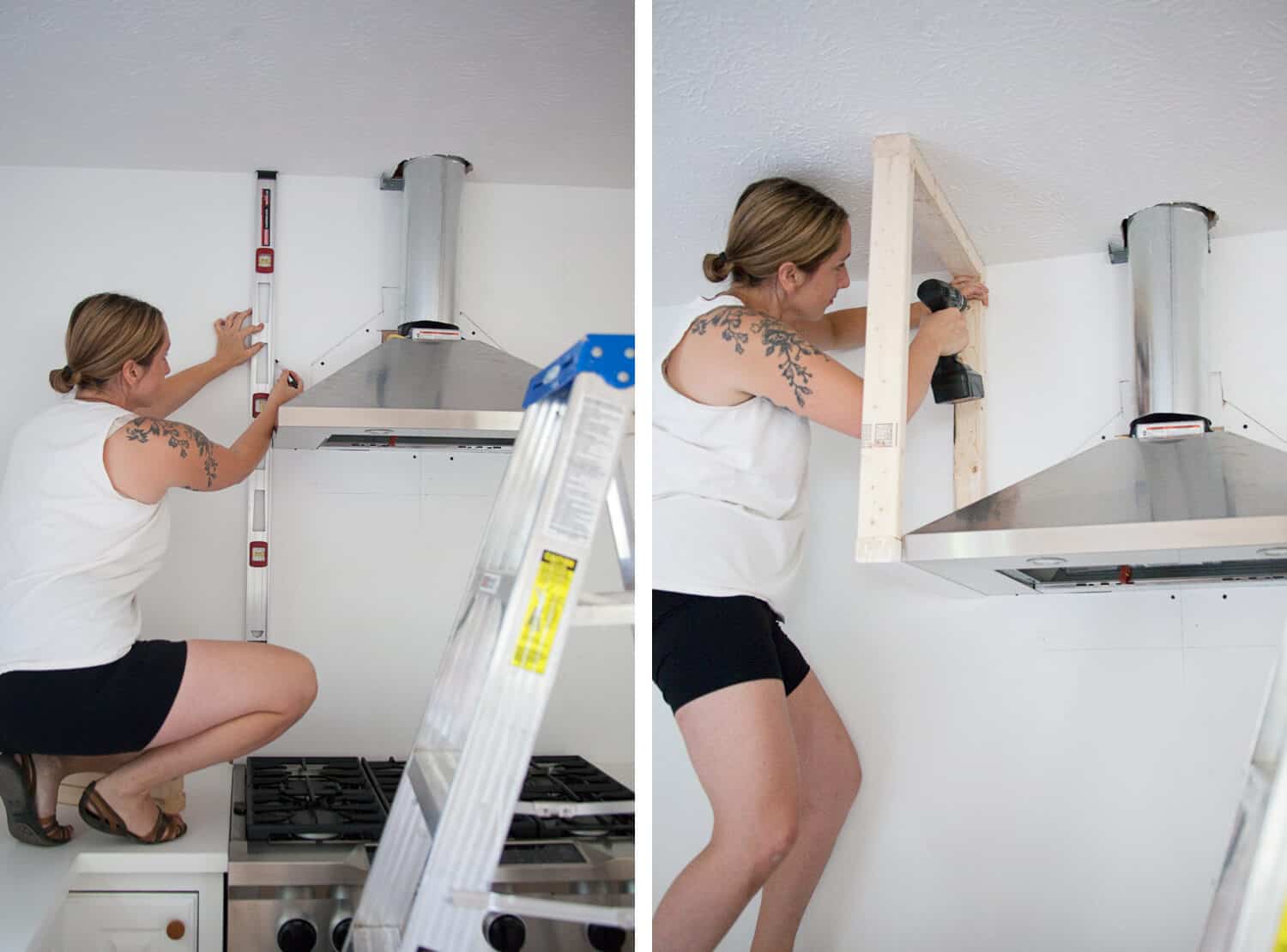 a woman measuring around the hood vent and drilling the wood frame into the wall