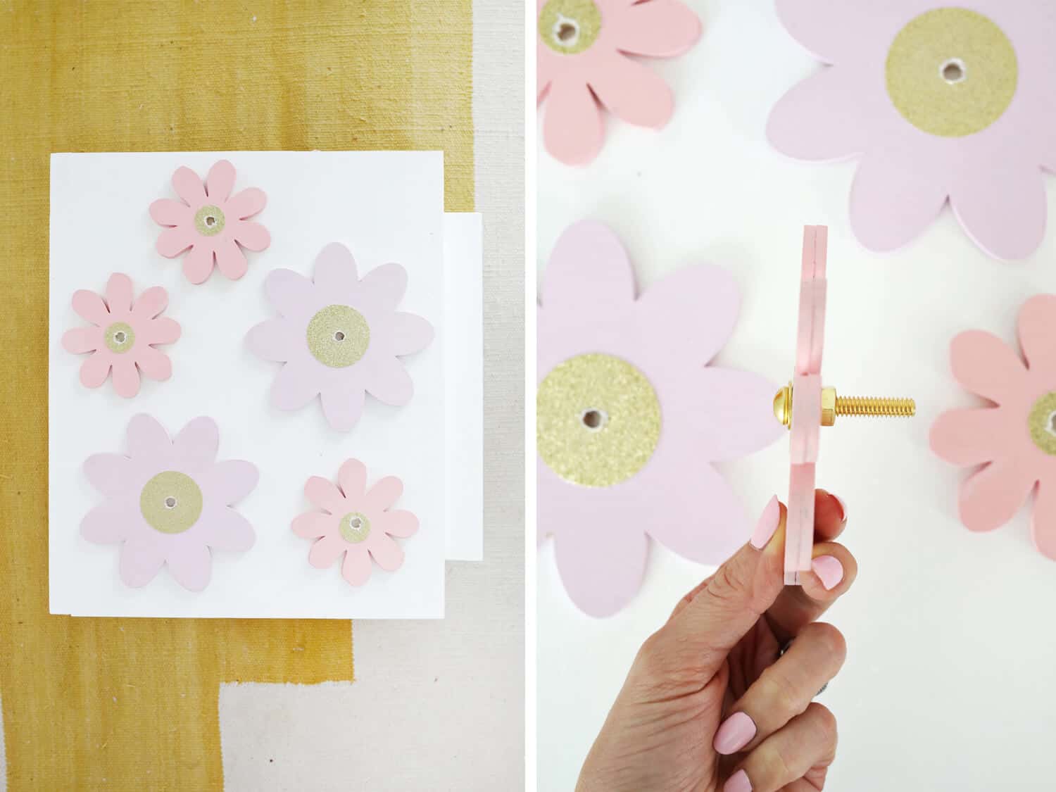 4 painted wooden flowers with drilled holes in center