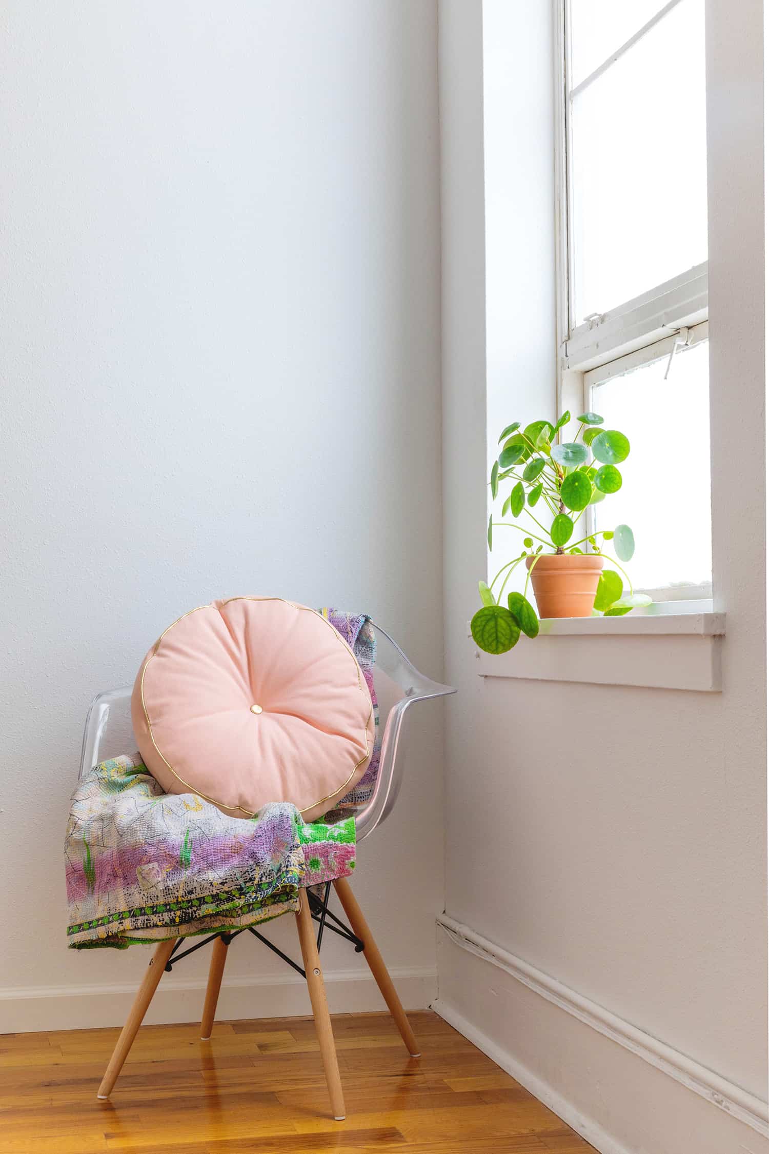 clear chair with blanket and pink pillow on it next to a window with a plant on the window sill