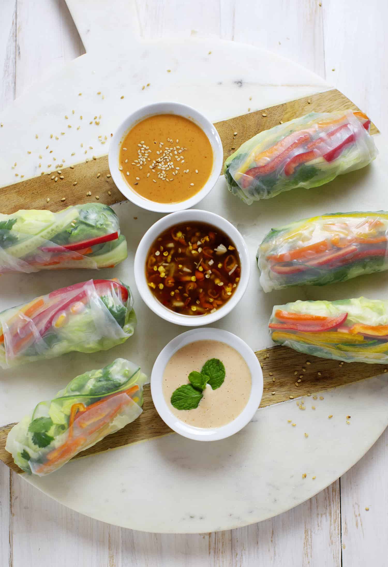 roll up your prepped veggies in the spring roll wrappers with different sauces