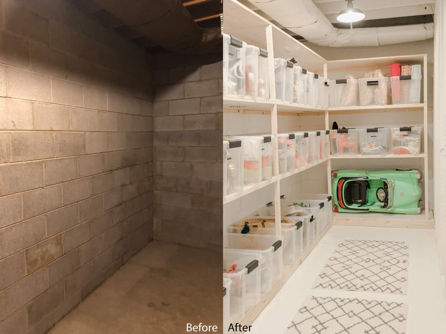 before photo of a corner of a basement with gray brick walls and after photo of corner of storage room with white walls and shelves of bins