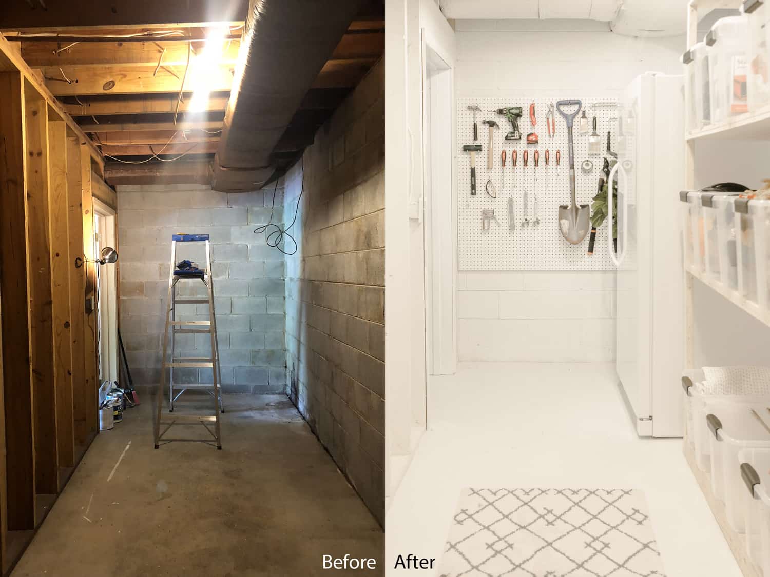 before picture of a basement with brick walls and after photo of storage room with white walls and shelves of bins