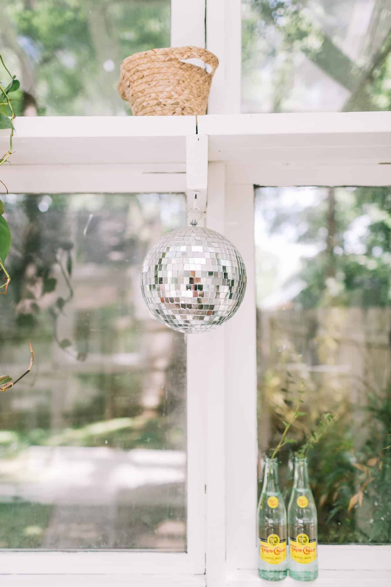 close up of a silver disco ball hanging in greenhouse