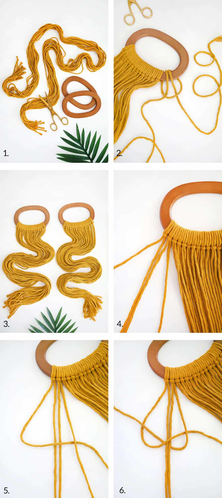 photo 1 - yellow cotton cord, gold scissors, and 2 wooden round shaped handles, photo 2 - yellow cotton cord tied around 1 of the wooden round shaped handles, photo 3- 2 wooden round shaped handles with yellow cotton cord tied around them, photo 4 - close up of yellow cotton cord tired around wooden round shaped handles, photo 5 - wooden round shaped handle with yellow cotton cord tied on it and 4 strings pulled away from it, photo 6 - yellow cotton cord strings being tied together
