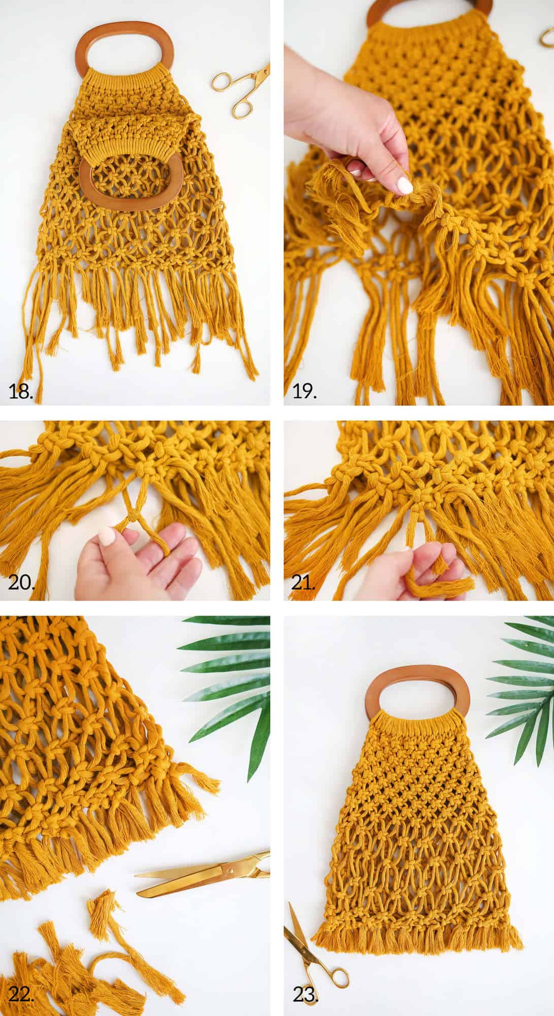 photo 18 - yellow cotton cord tied together with 2 wooden round handles, photo 19 - bottom of yellow cotton cord, photo 20 - someone tying the bottom of yellow cotton cord together, photo 21 - someone tying the bottom of the yellow cotton cord together, photo 22 - cut off pieces of yellow cotton cord with scissors, and photo 23 - completed macrame handbag with gold scissors next to it