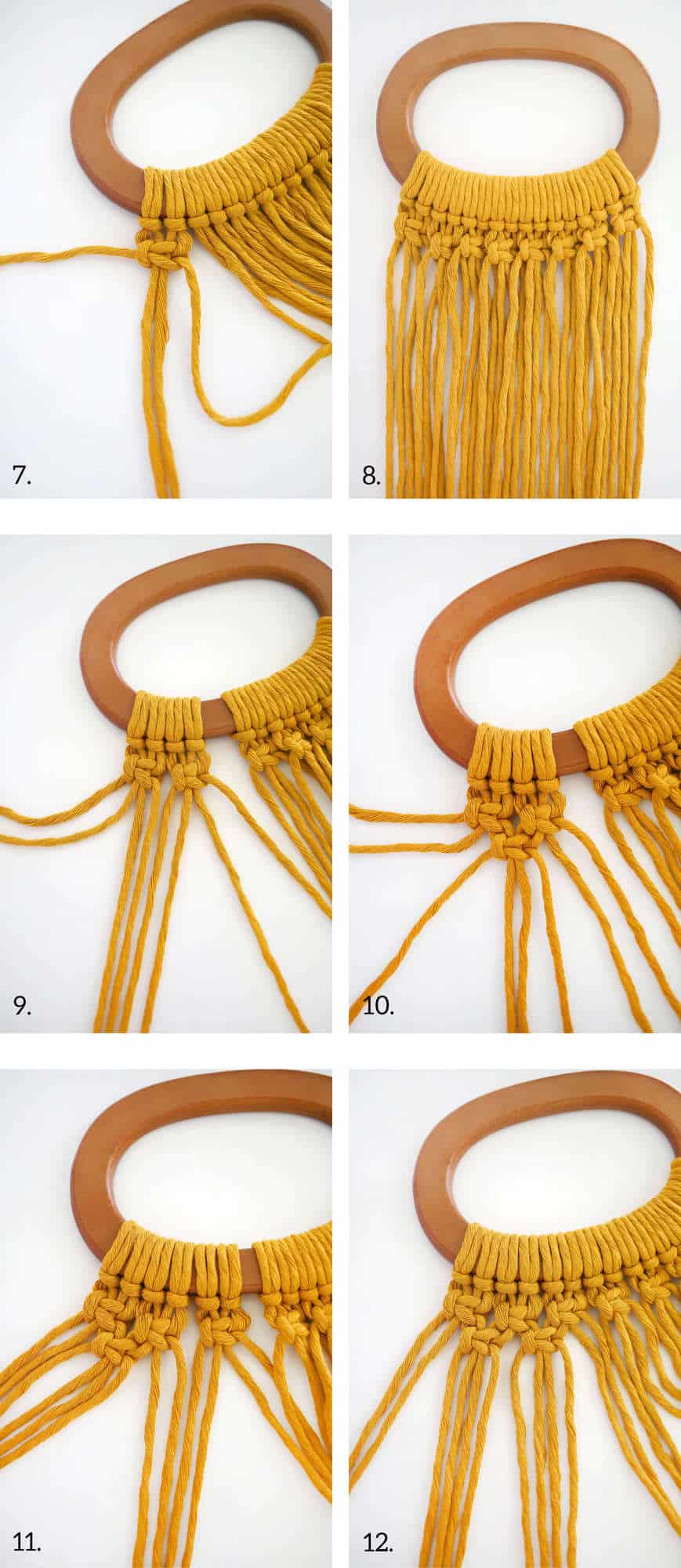 photo 7 - yellow cotton cord being tied together while on wooden round shaped handle, photo 8 - wooden round shaped handle with yellow cotton cord tied to it and top row in knots, photo 9 - 4 strands of yellow cotton cord pulled away from other strands tied to wooden round shaped handle, photo 10 - yellow cotton cord being tied together on wooden round shaped handle, photo 11 - yellow cotton cord being tied together on wooden round shaped handle, and photo 12 - yellow cotton cord being tied together on wooden round shaped handle