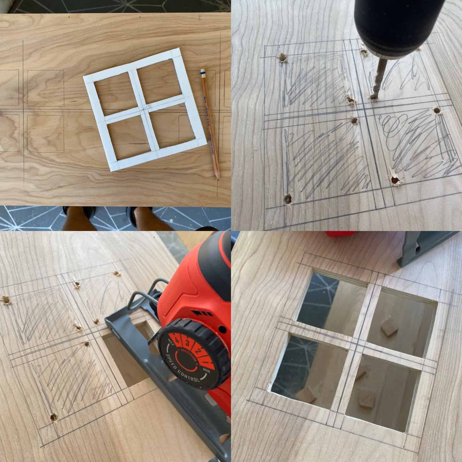 4 photos of the process of outling, drilling, and cutting the window out on plywood