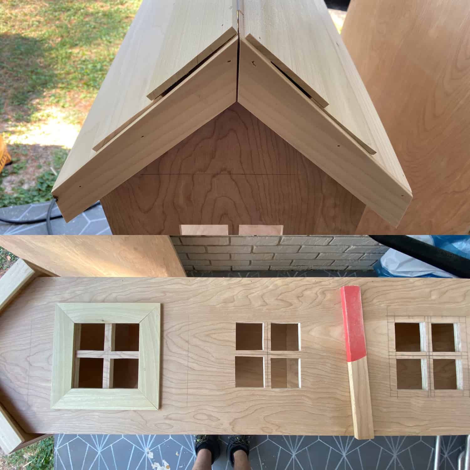 side view of the roof of the dollhouse and a piece of plywood with three windows cur out on it