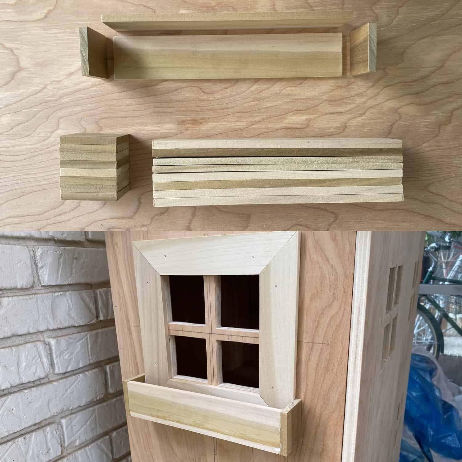 pieces of wood together and a view of a window in the plywood