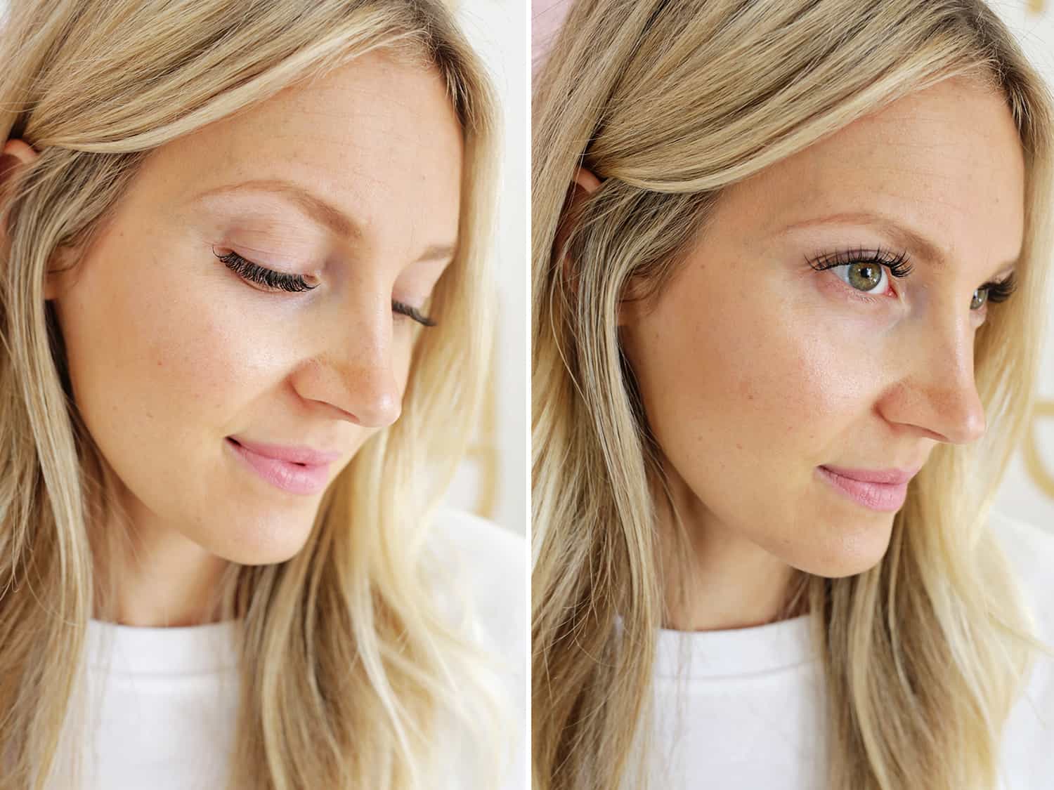 2 photos of a woman with eyelashes on, one with eyes closed and one with eyes opened