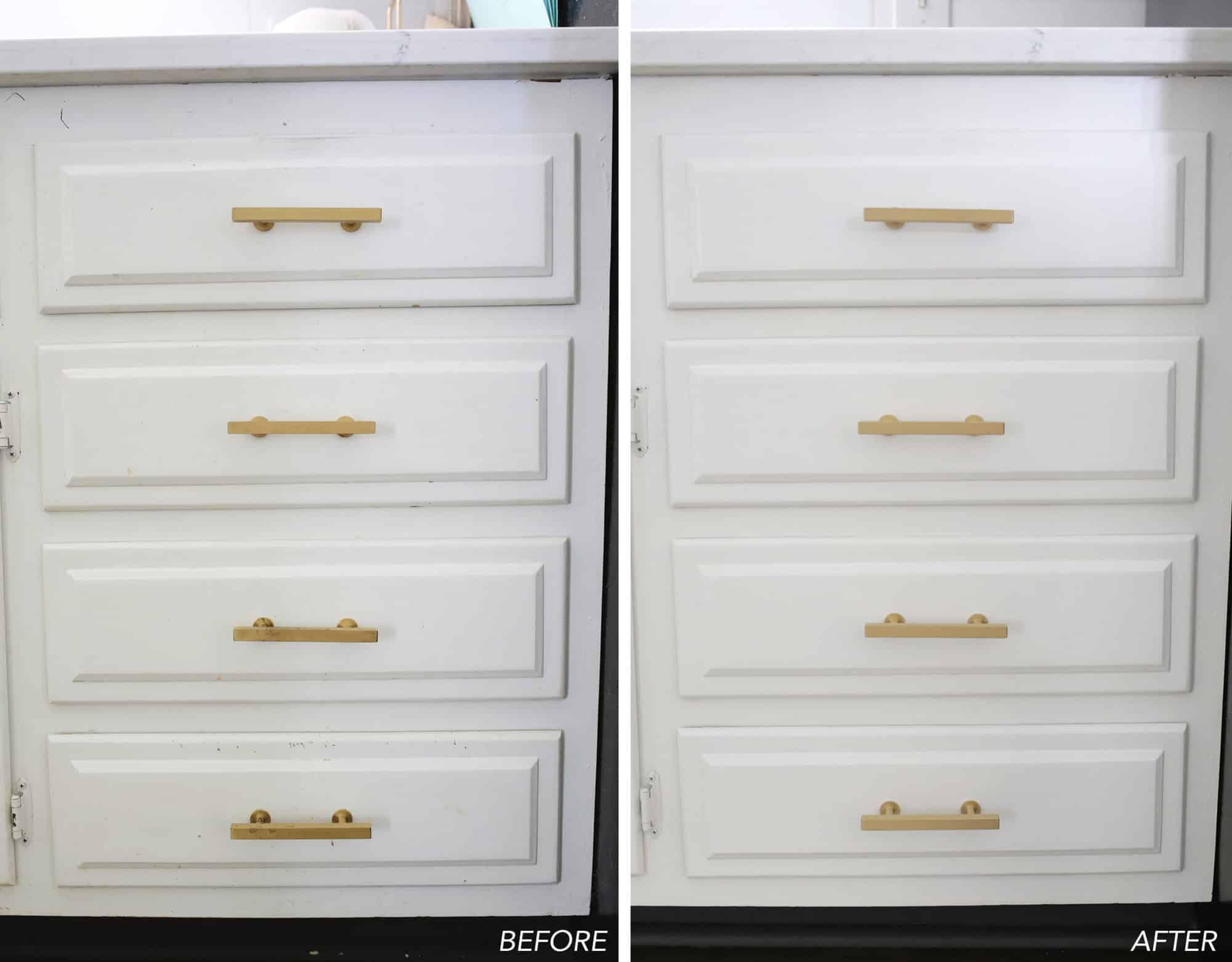 före och efter bild på vita lådor med guldhandtag