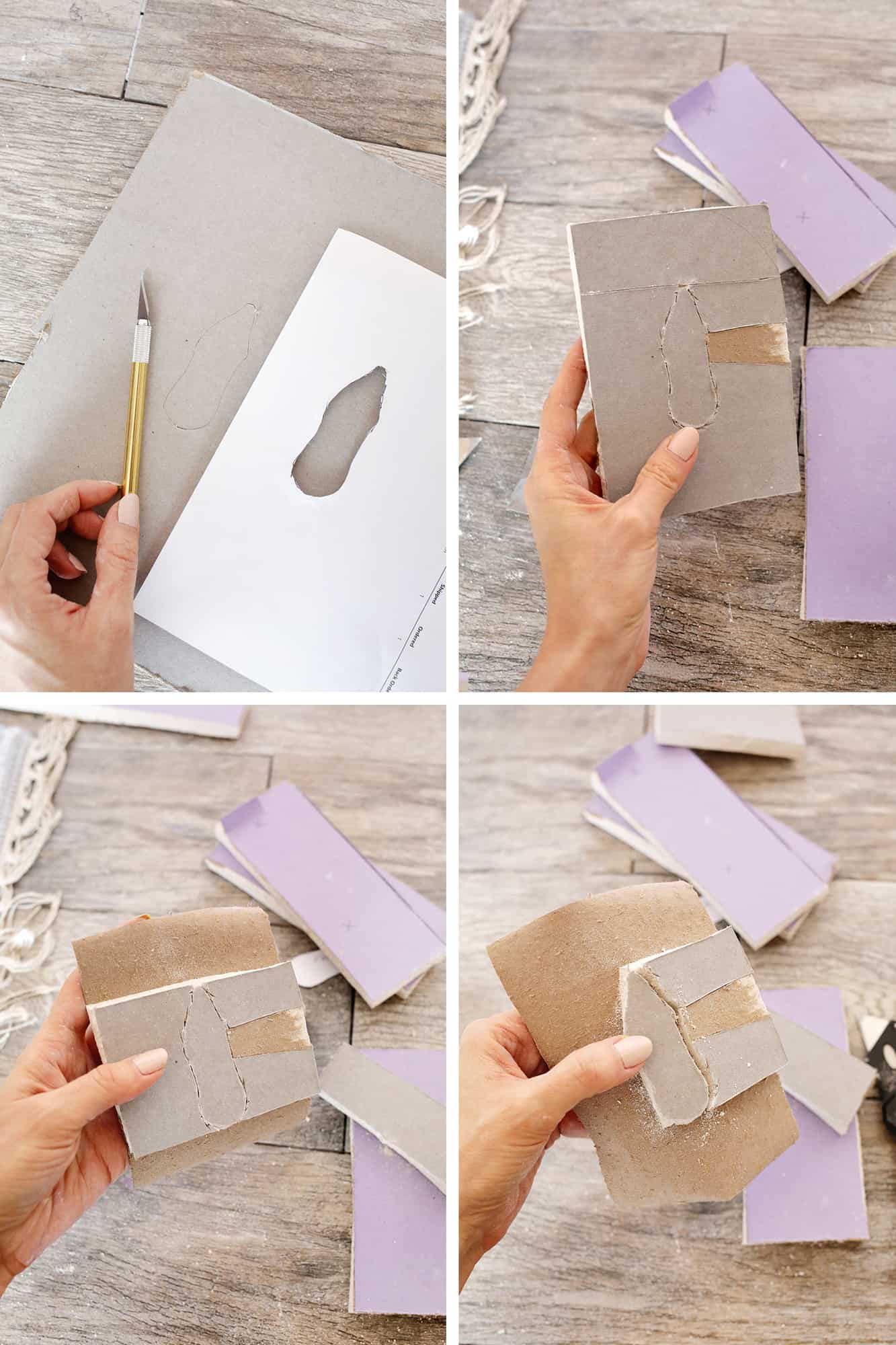 4 pictures of someone cutting out the shape of the hole in paper and in cardboard