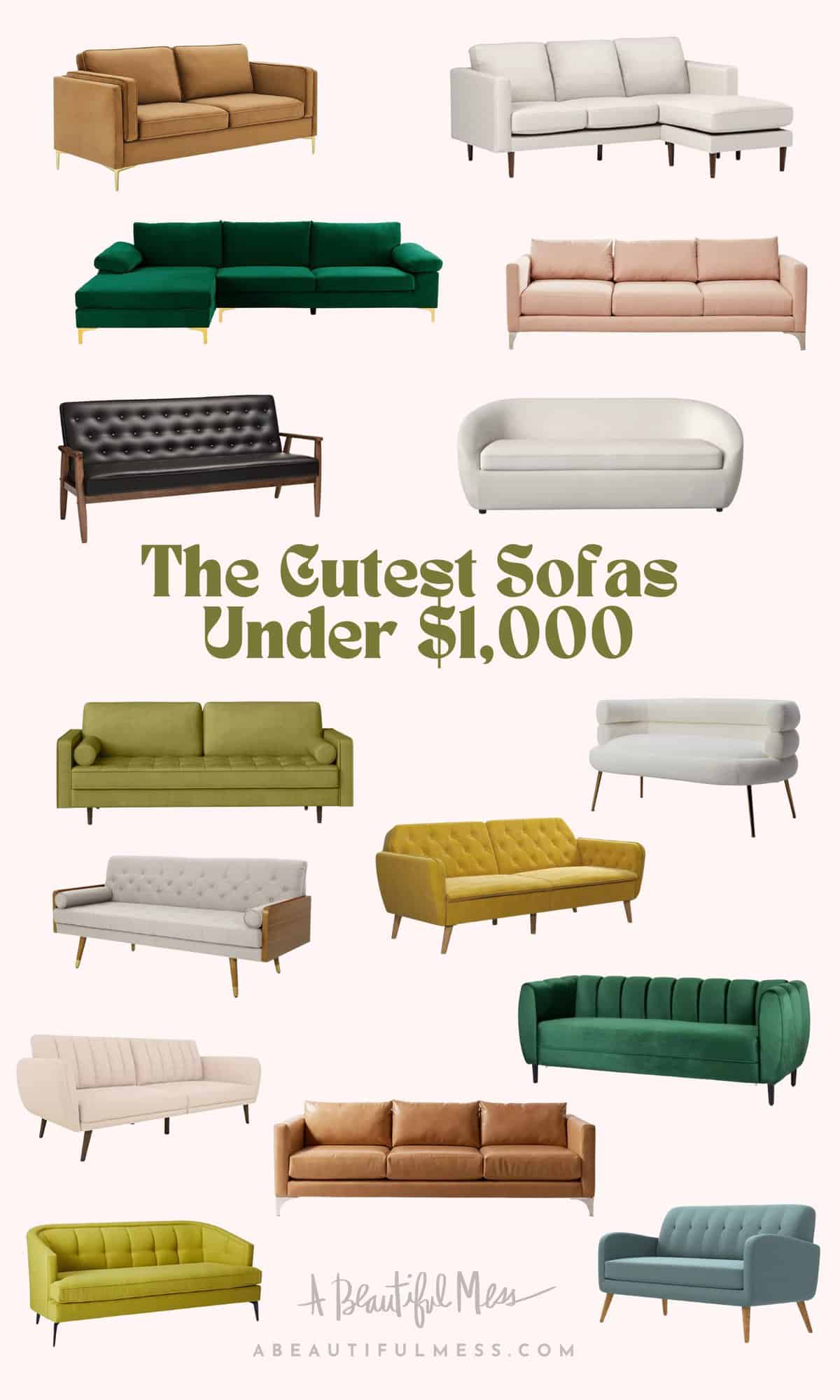collage with 15 different affordable sofas