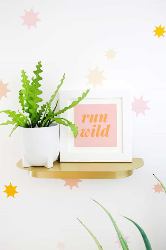 brass shelf with plant and pink "run wild" print