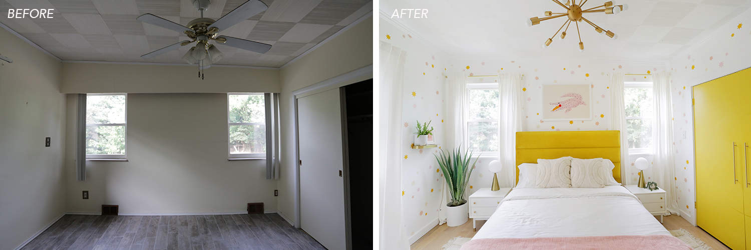 before and after image of bedroom