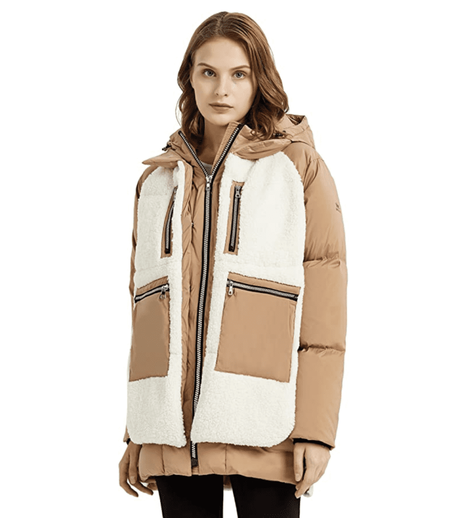 brown and white sherpa down coat