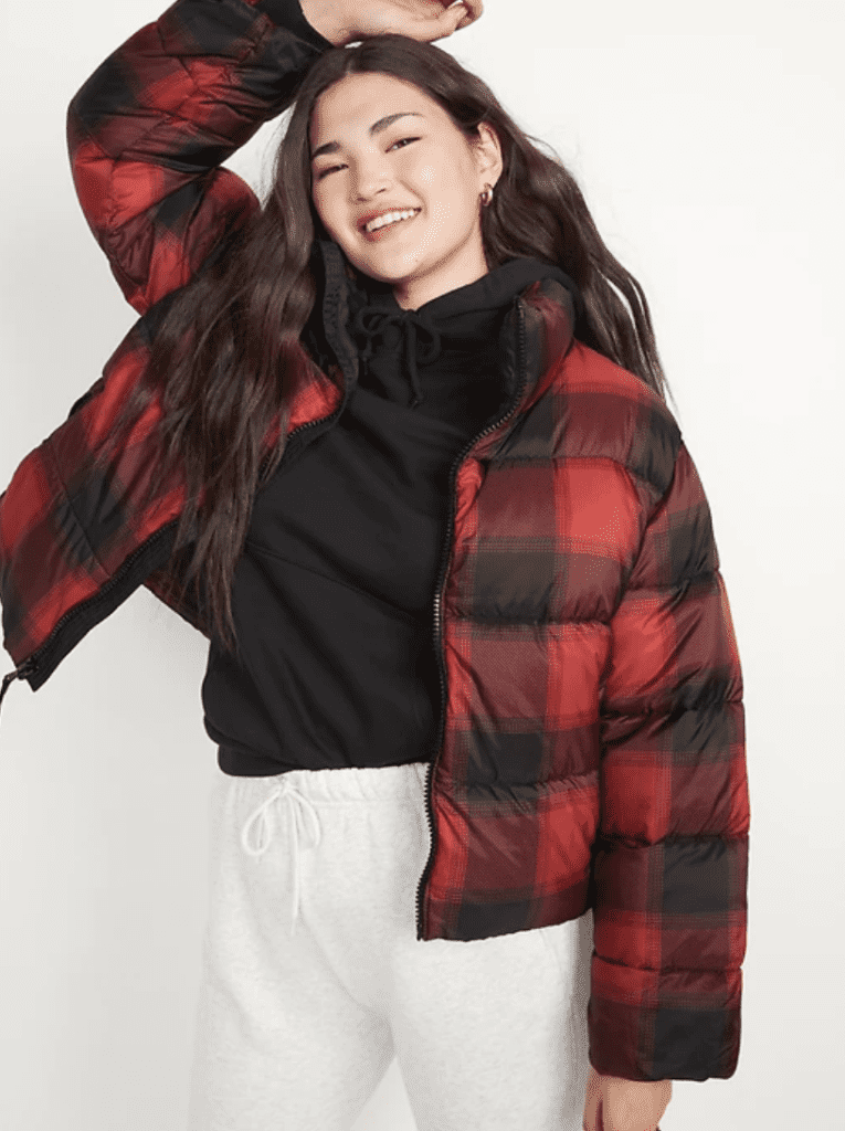 red and black plaid puffer coat