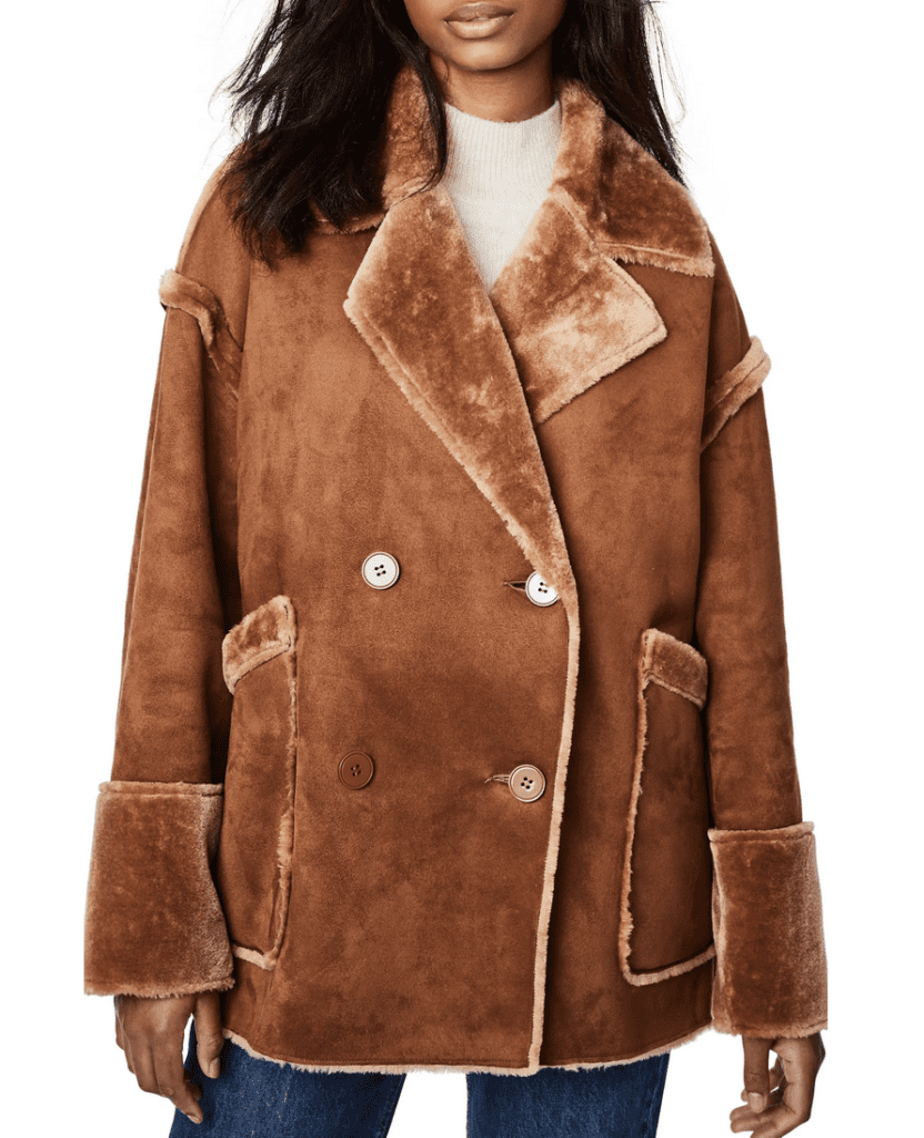 woman in brown sherling coat