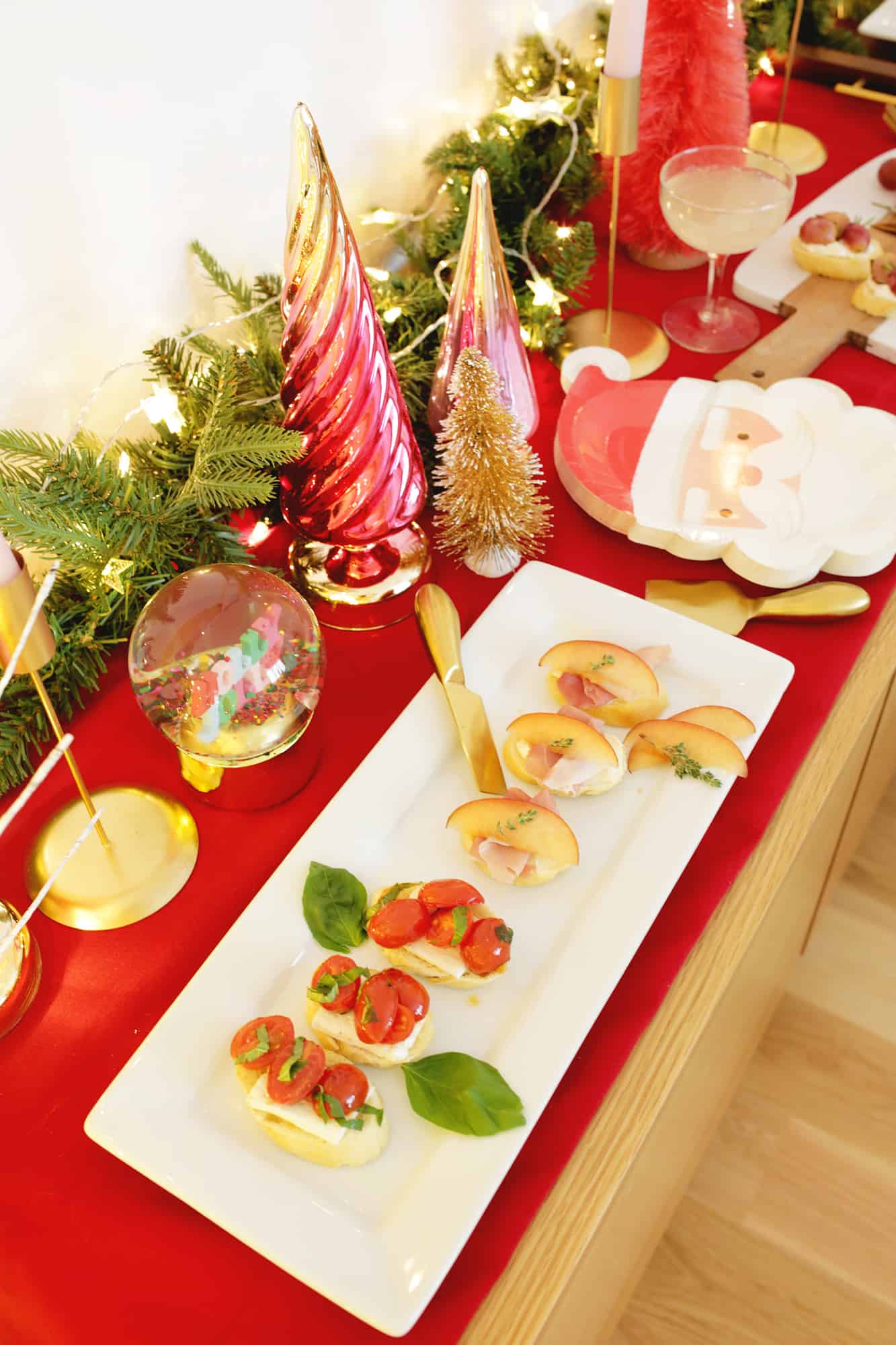crostini appetizers on a holiday decorated table