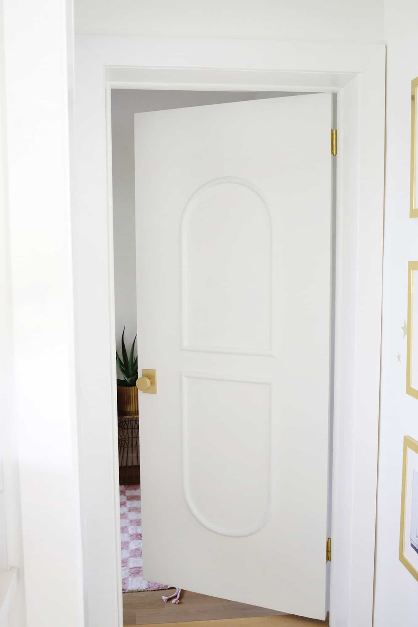 open door with brass fittings and arched moldings