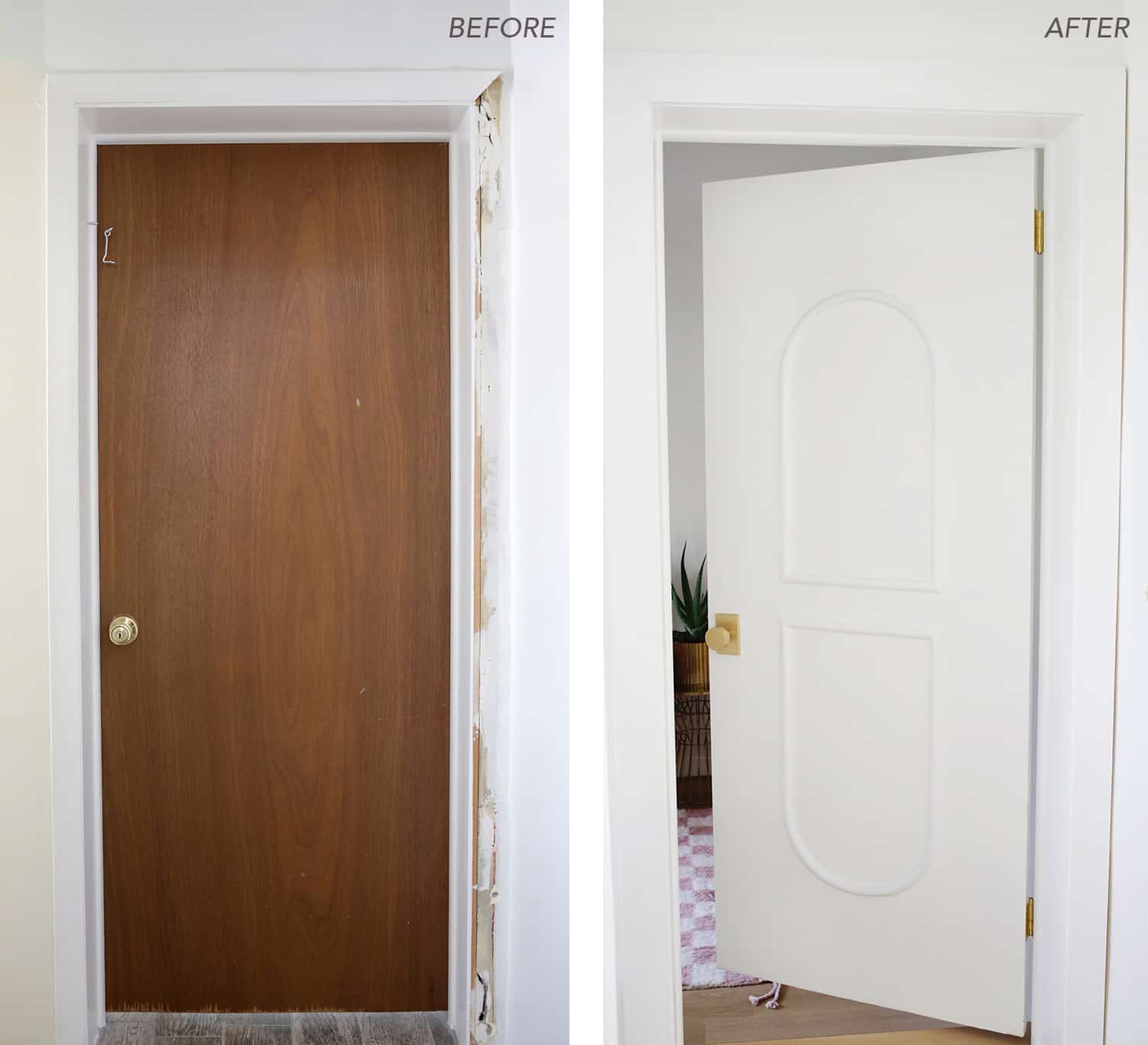 Before and after versions of the brown door painted white with new hardware