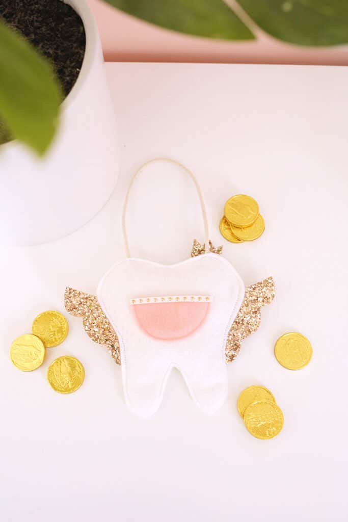 tooth fairy pillow surrounded by chocolate gold coins