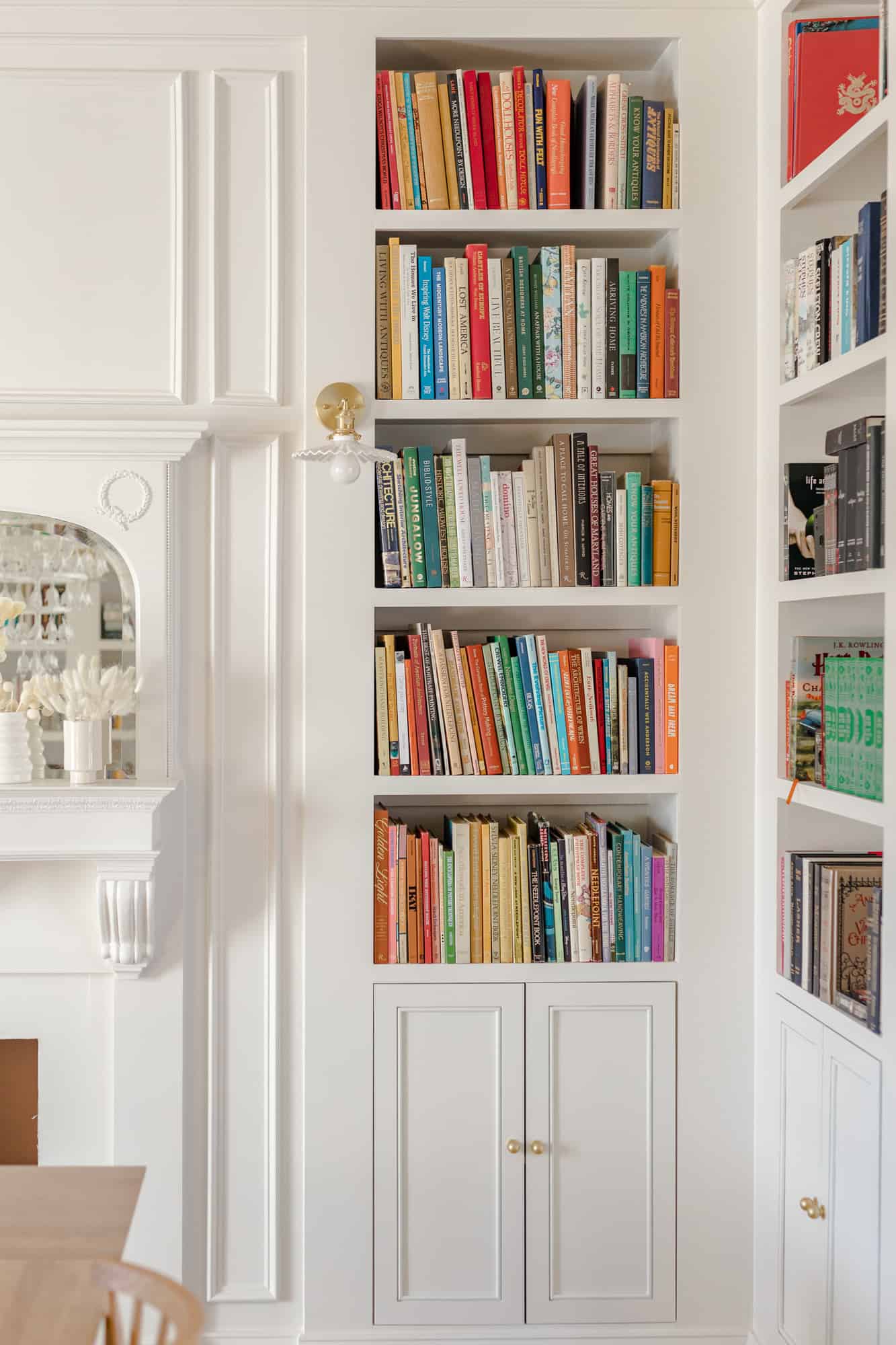 built-in bookshelves with colorful book collection