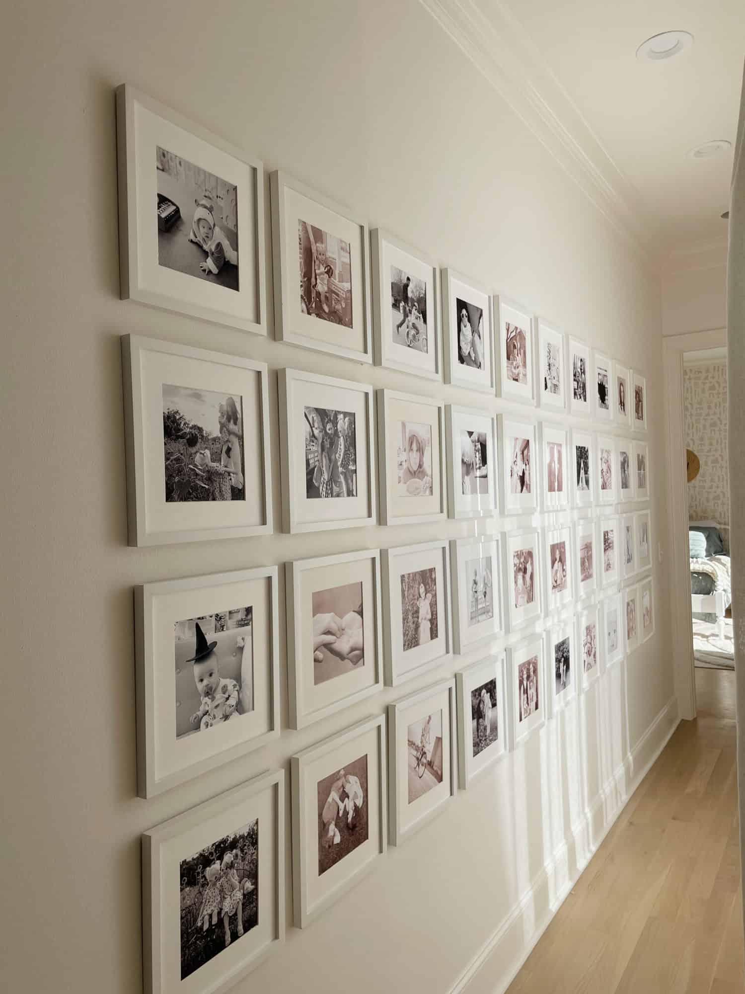 Library wall with black and white family photos