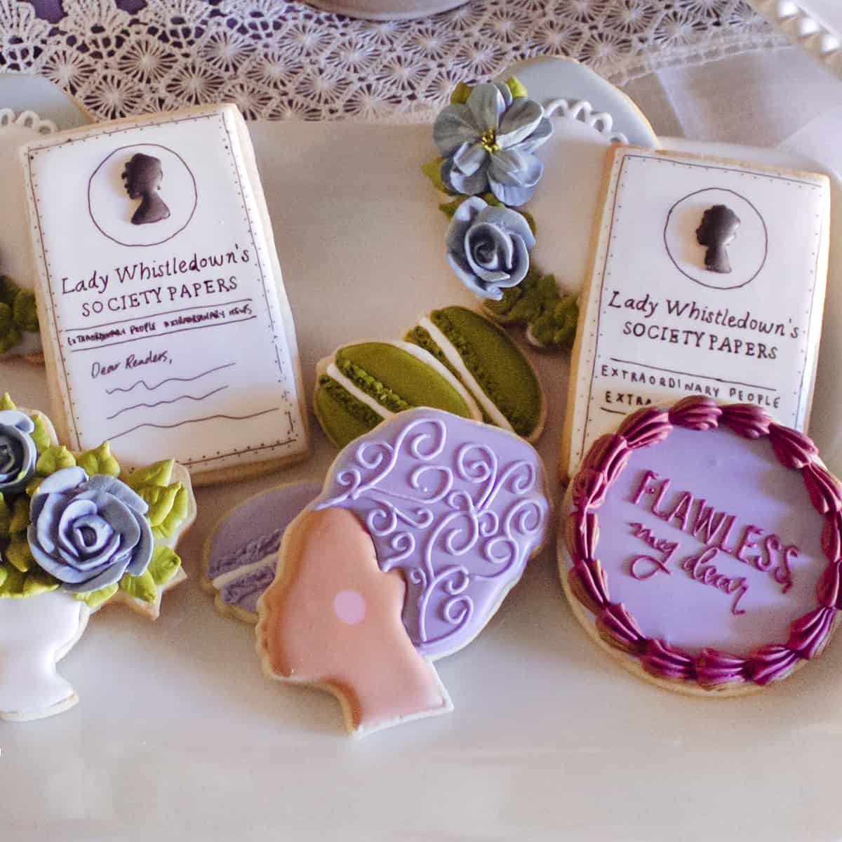 A selection of Bridgerton-inspired royal icing biscuits