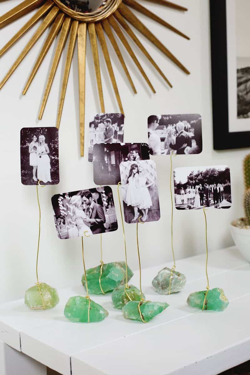 Family photo display on desk, photo holder made of minerals