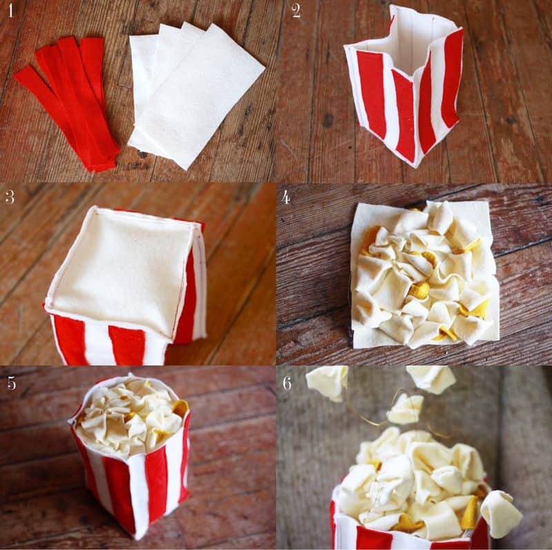 steps to making a plush popcorn box decoration.