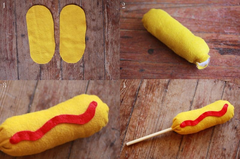 steps to making a plush corn dog decoration. 