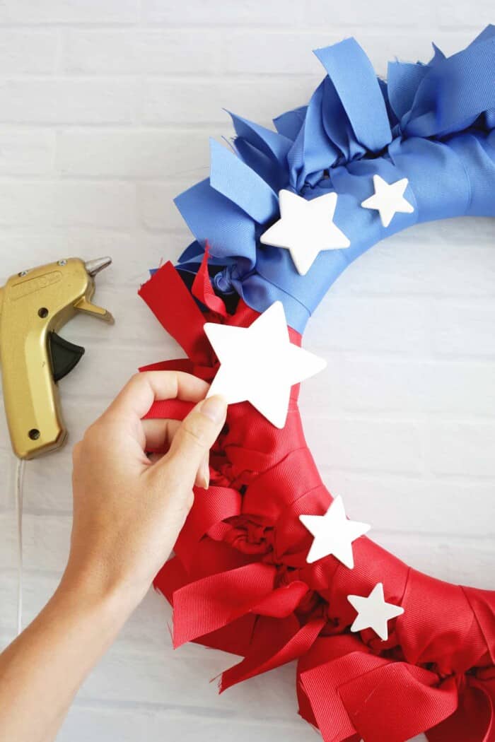Making Ribbon Fireworks Fourth of July Ribbon Wreath - A Beautiful Mess