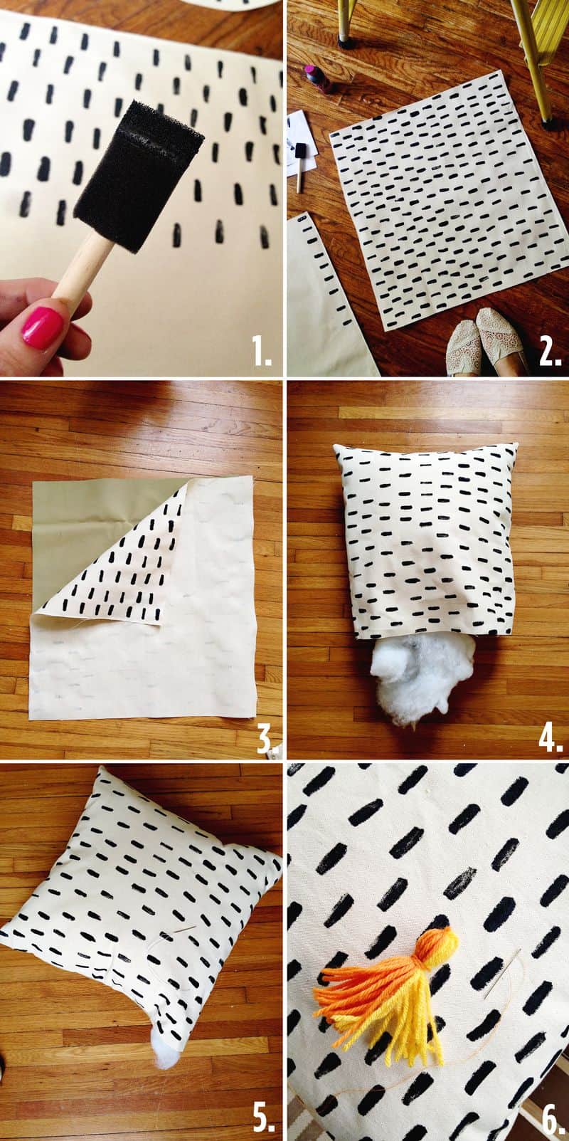 6-steps outlined showing how to make a pillow with painted fabric. 