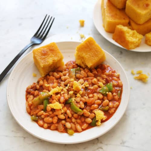 homemade baked beans served with cornbread