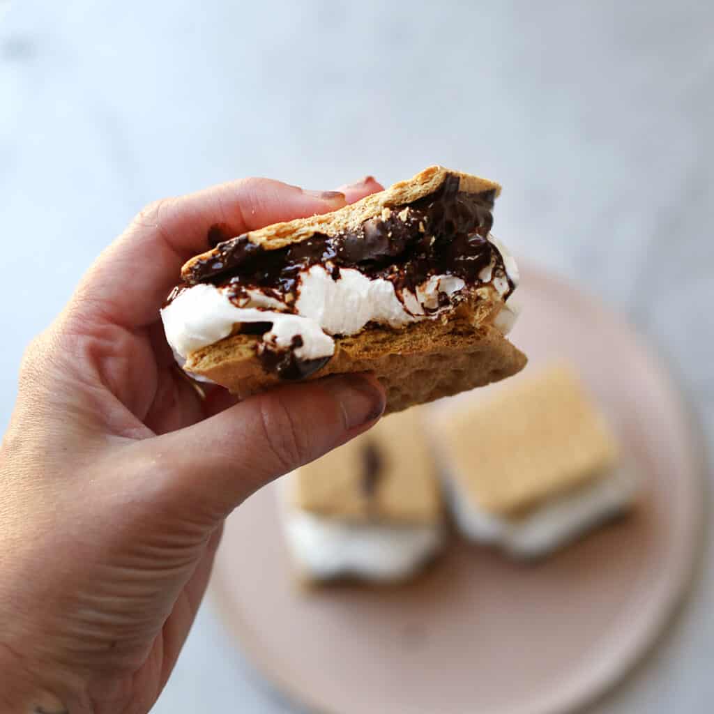 Hand holding a s'more sandwich with a bite taken out
