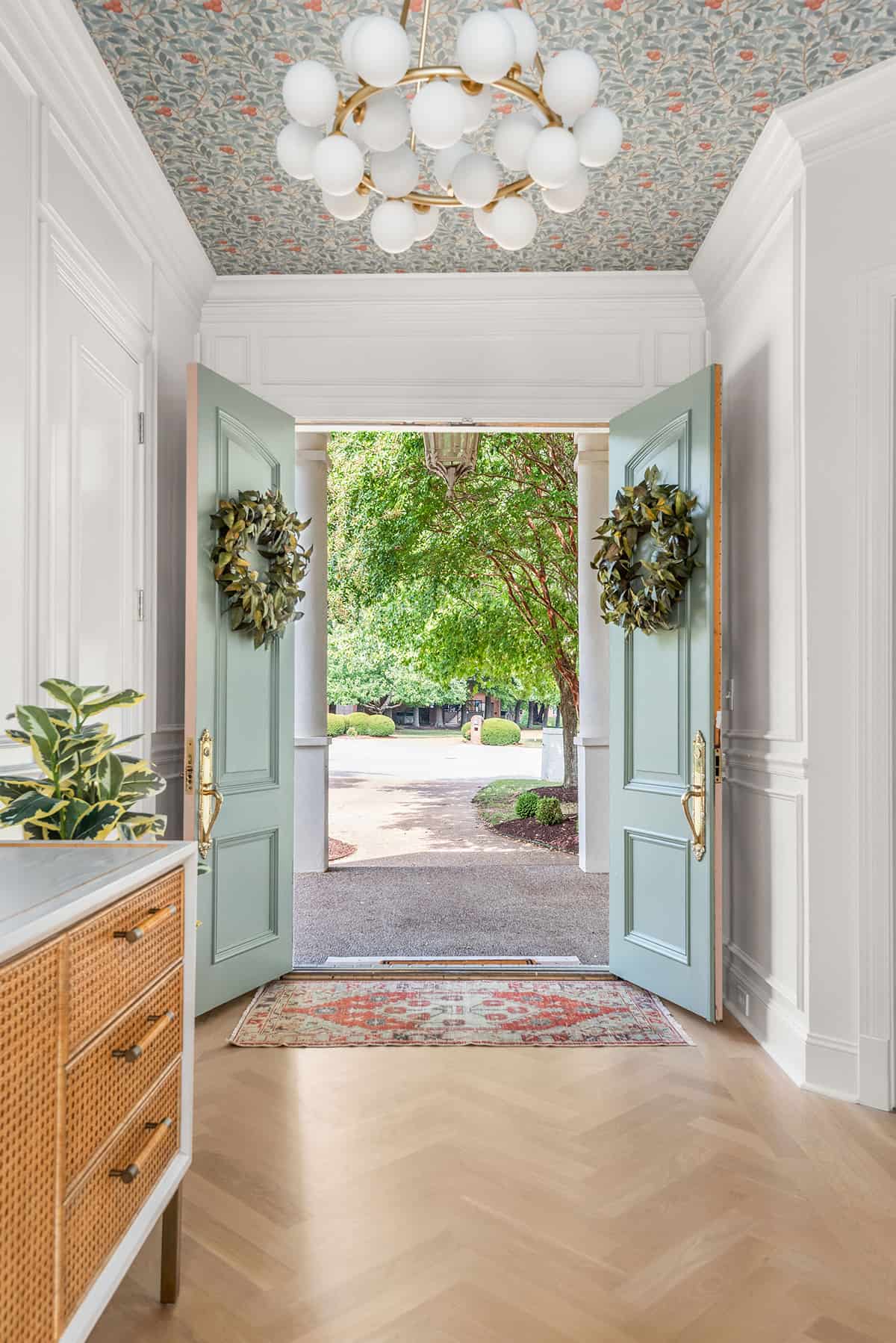 Entryway Decor and Wallpapered Ceiling - A Beautiful Mess