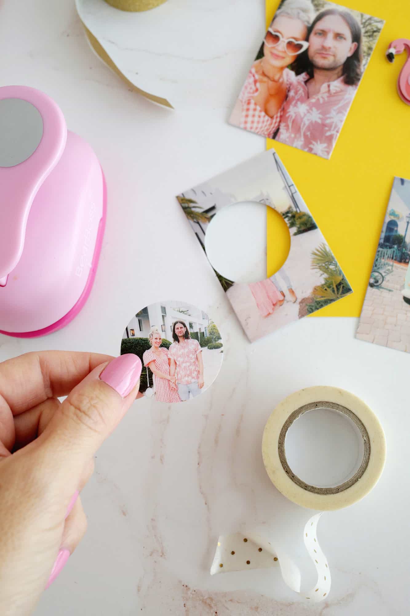 easy scrapbooking idea with photos and stickers cut into shapes with a punch