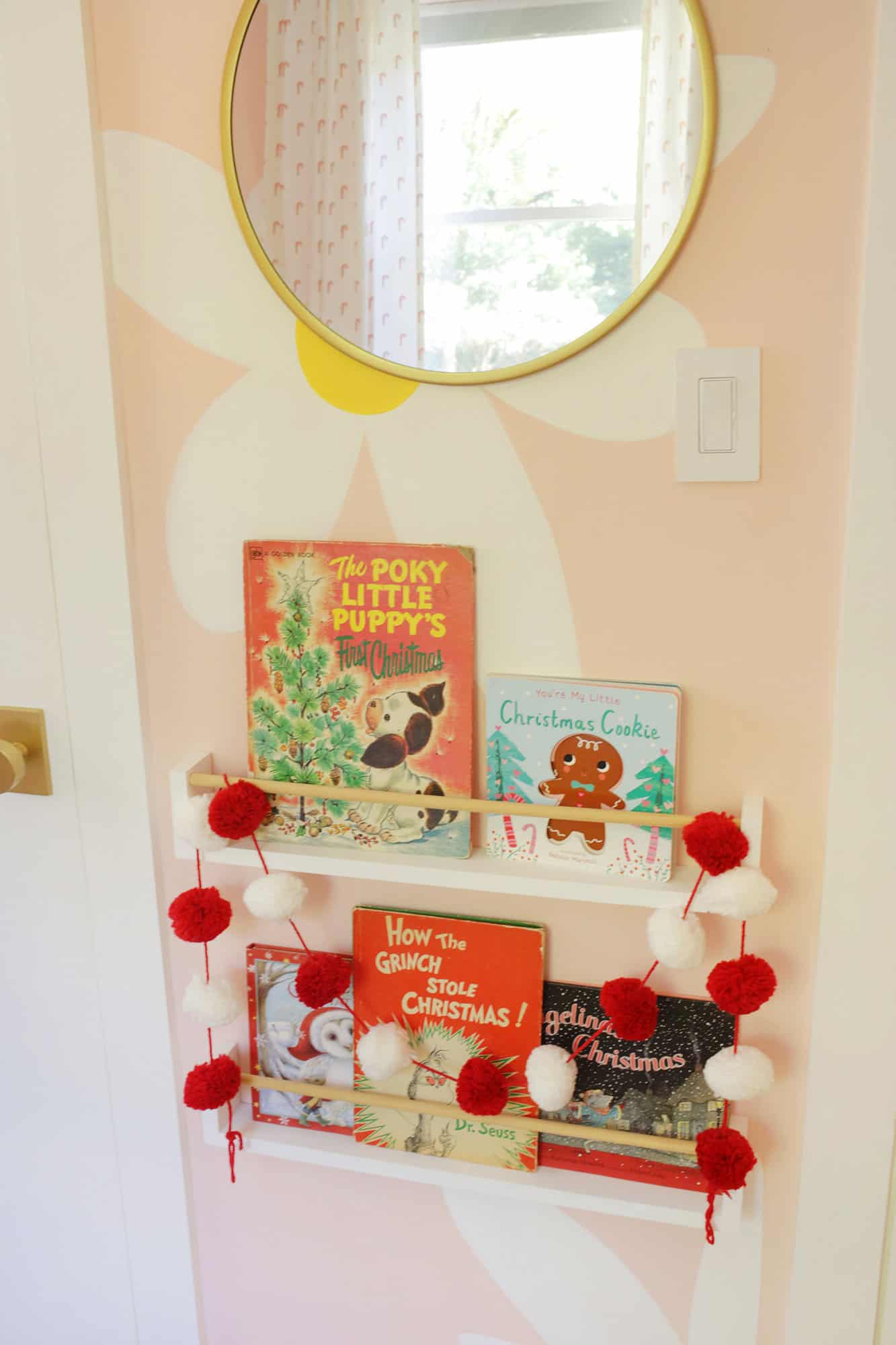 Kid's room with holiday themed christmas bookshelf
