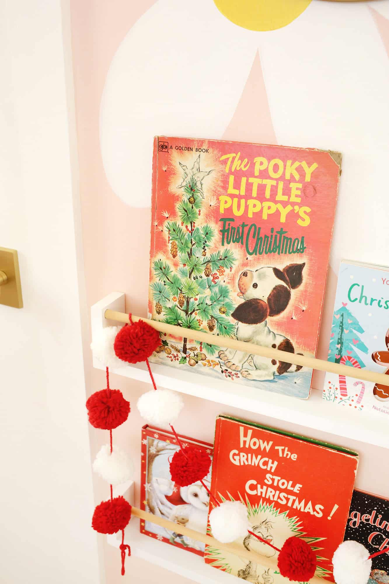 christmas book shelf in kid's room
