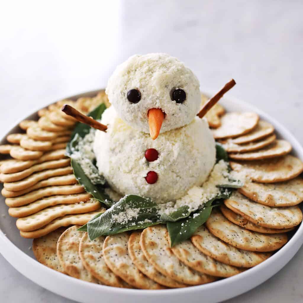 snowman cheeseball plate