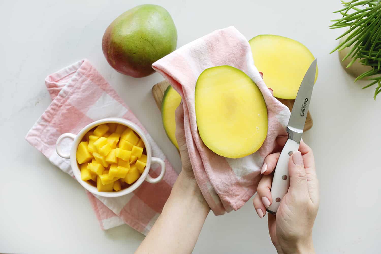 Hand holding half a mango