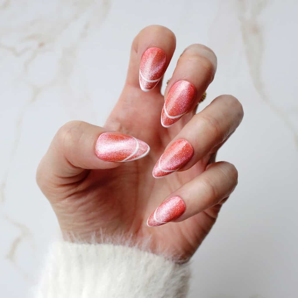 spring easter nails with pink coral cat eye