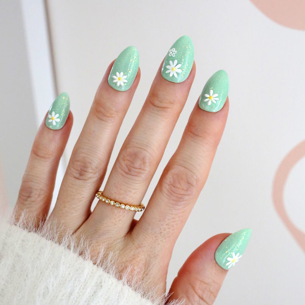 mint green spring easter nails with daisies