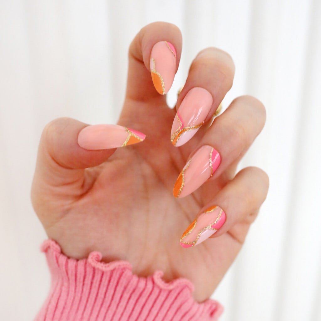 summer pink and gold nail art