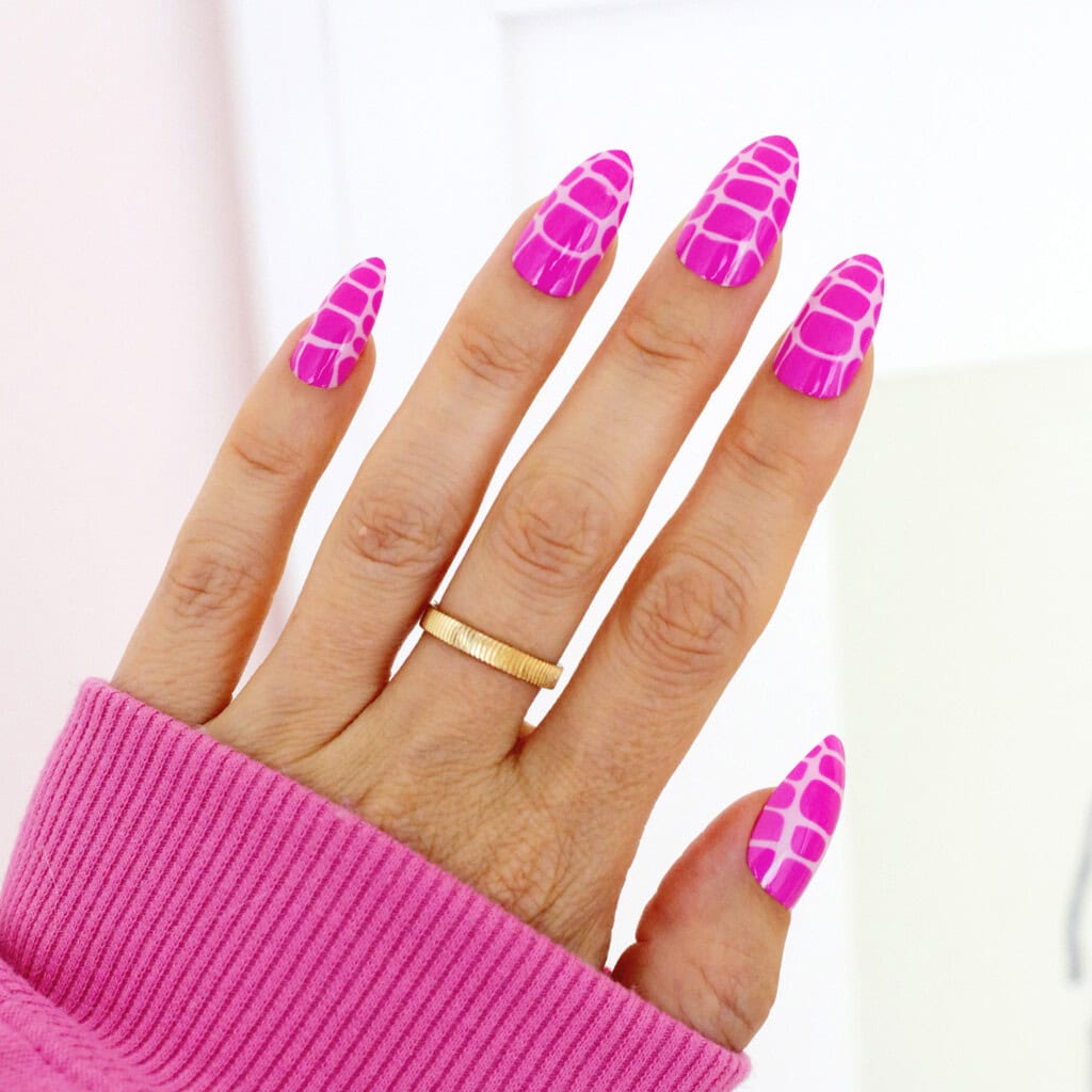 summer hot pink tie dye snakeskin nails