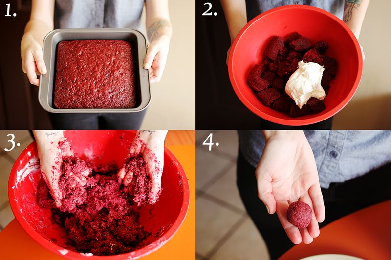 photo 1 - red velvet cake in a square cake pan, photo 2 -cut up red velvet cake and white frosting in a red mixing bowl, phot 3 - someone mixing together red velvet cake and rosting in red mixing bowl with their hands, and phot 4 - someone holding  rolled up bowl of the mixed red velvet cake and white frosting