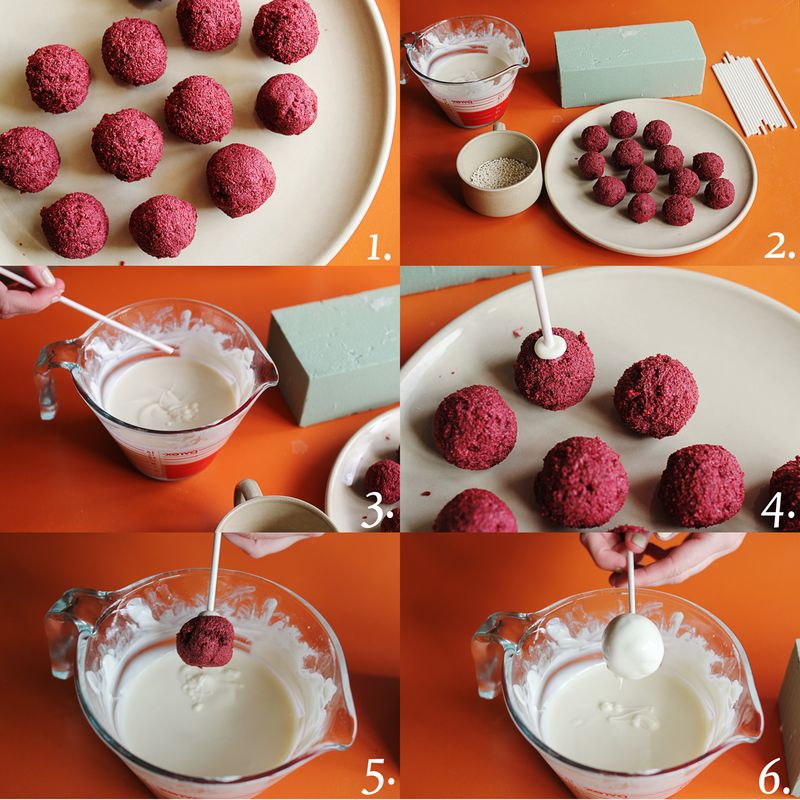 photo 1 - 11 rolled up red velvet cake balls on a white plate, photo 2 - a measuring cup of white frosting, a styrofoam bloack, white sticks, a bowl of sprinkles, and a plate of red velvet rolled up balls, photo 3 - someone sticking the white stick into the measuring cup of white frosting, photo 4 - the white stick being put into the rolled up red velvet ball, photo 5 - someone dipping the red velvet ball on a stick into the frosting, and photo 6 - a covered red velvet ball on a stick in white frosting